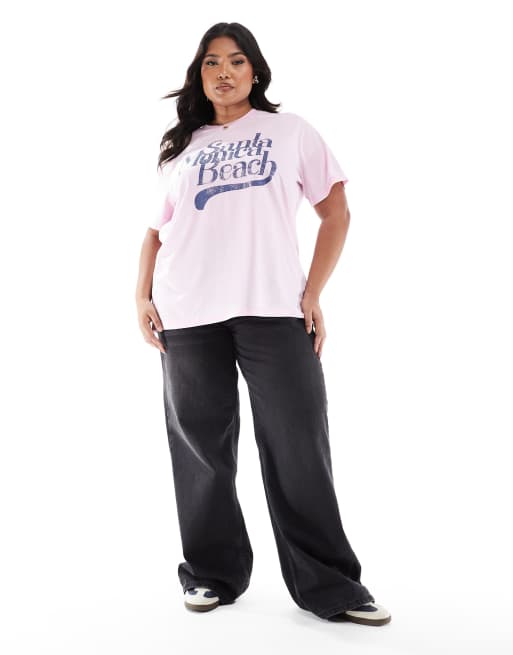 ASOS DESIGN curve regular fit t-shirt in burn out with Santa Monica beach graphic in pink, 2 of 4