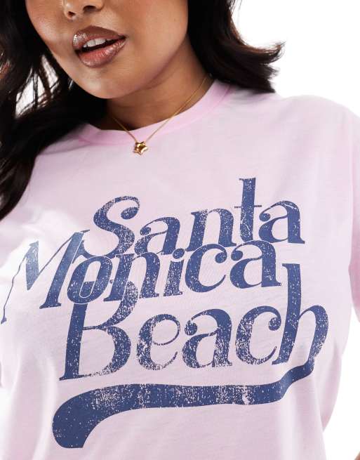 ASOS DESIGN curve regular fit t-shirt in burn out with Santa Monica beach graphic in pink, 3 of 4