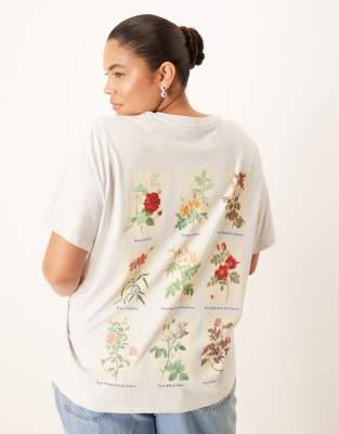 ASOS DESIGN Curve - Regular Fit T-Shirt in meliertem Eisgrau mit floralem Diagramm-Print