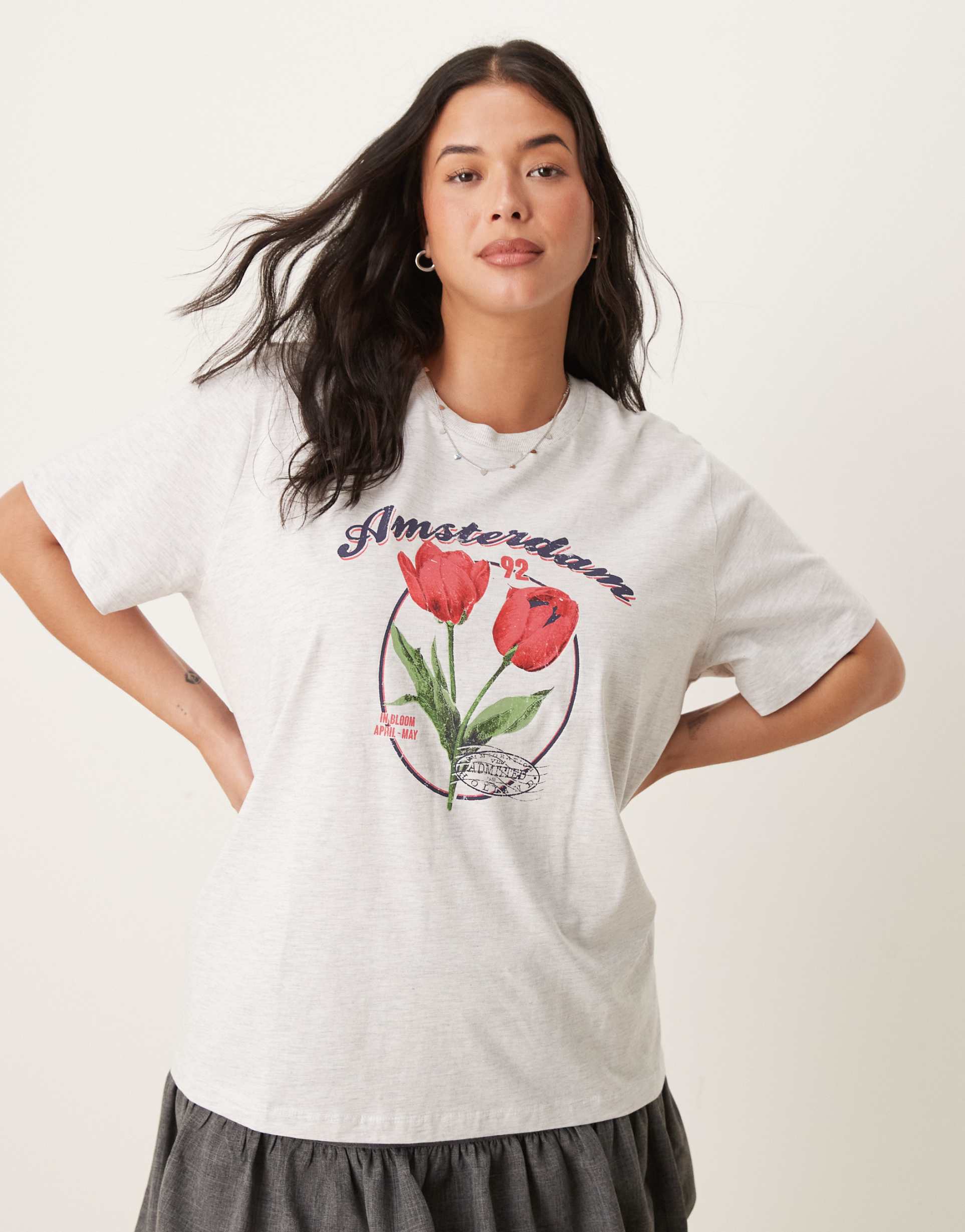 asos design curve regular fit t-shirt with amsterdam tulip graphic in ice heather