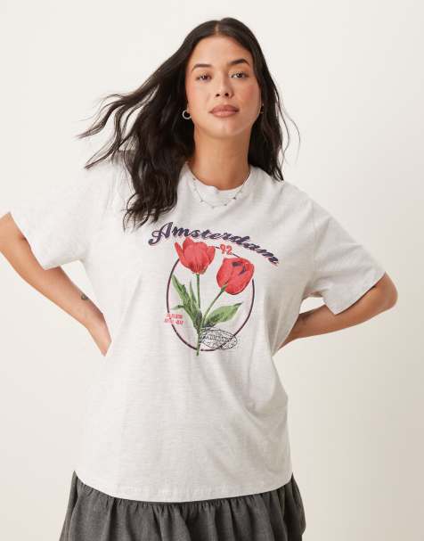 ASOS DESIGN Curve regular fit t-shirt with amsterdam tulip graphic in ice marl - view 1