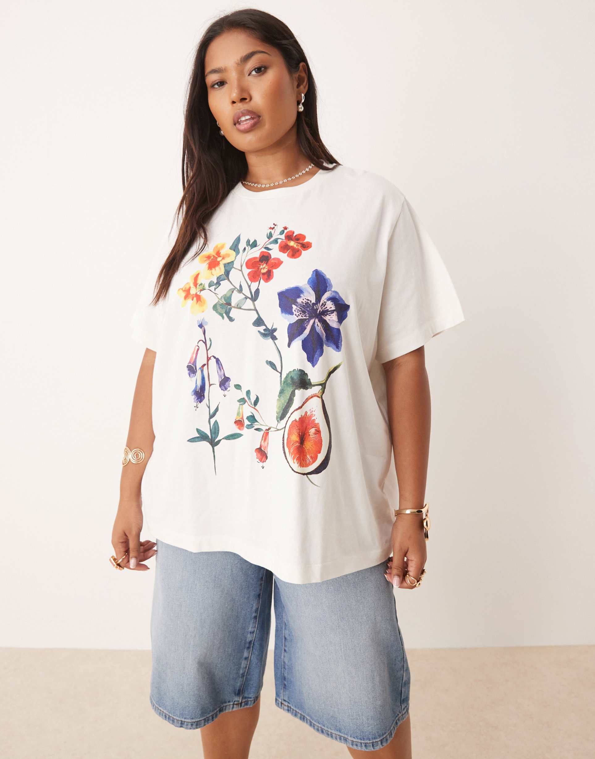 asos design curve regular fit t-shirt with floral fig graphic in cream