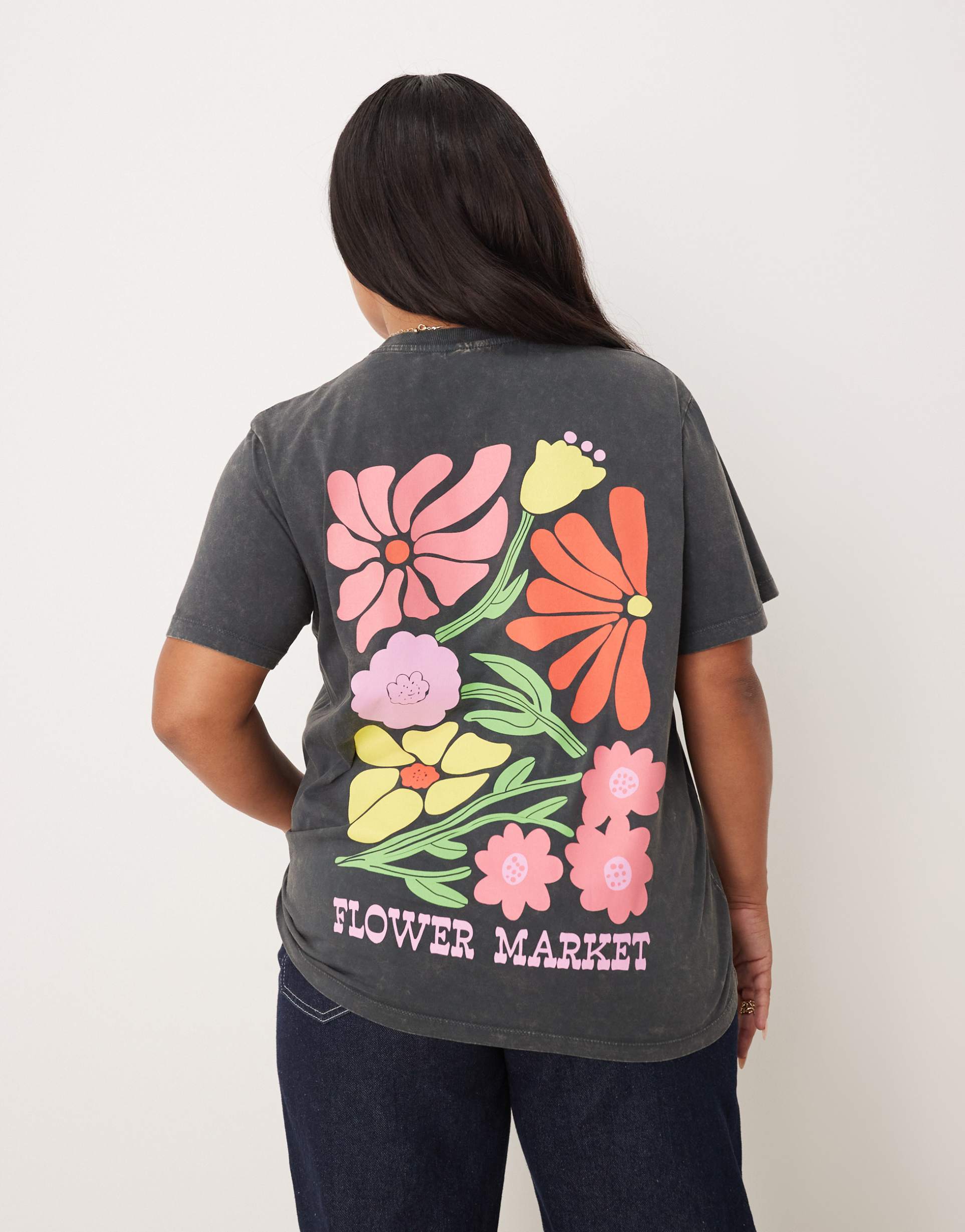 asos design curve regular fit t-shirt with flower market art graphics in washed charcoal