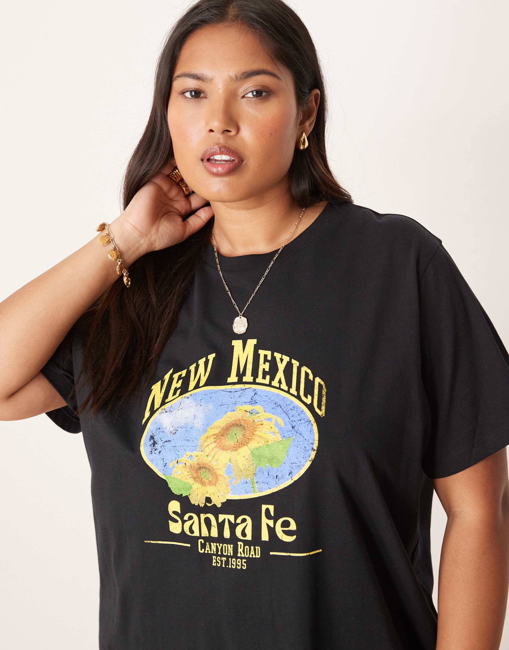 asos design curve regular fit t-shirt with new mexico sunflower graphic in black