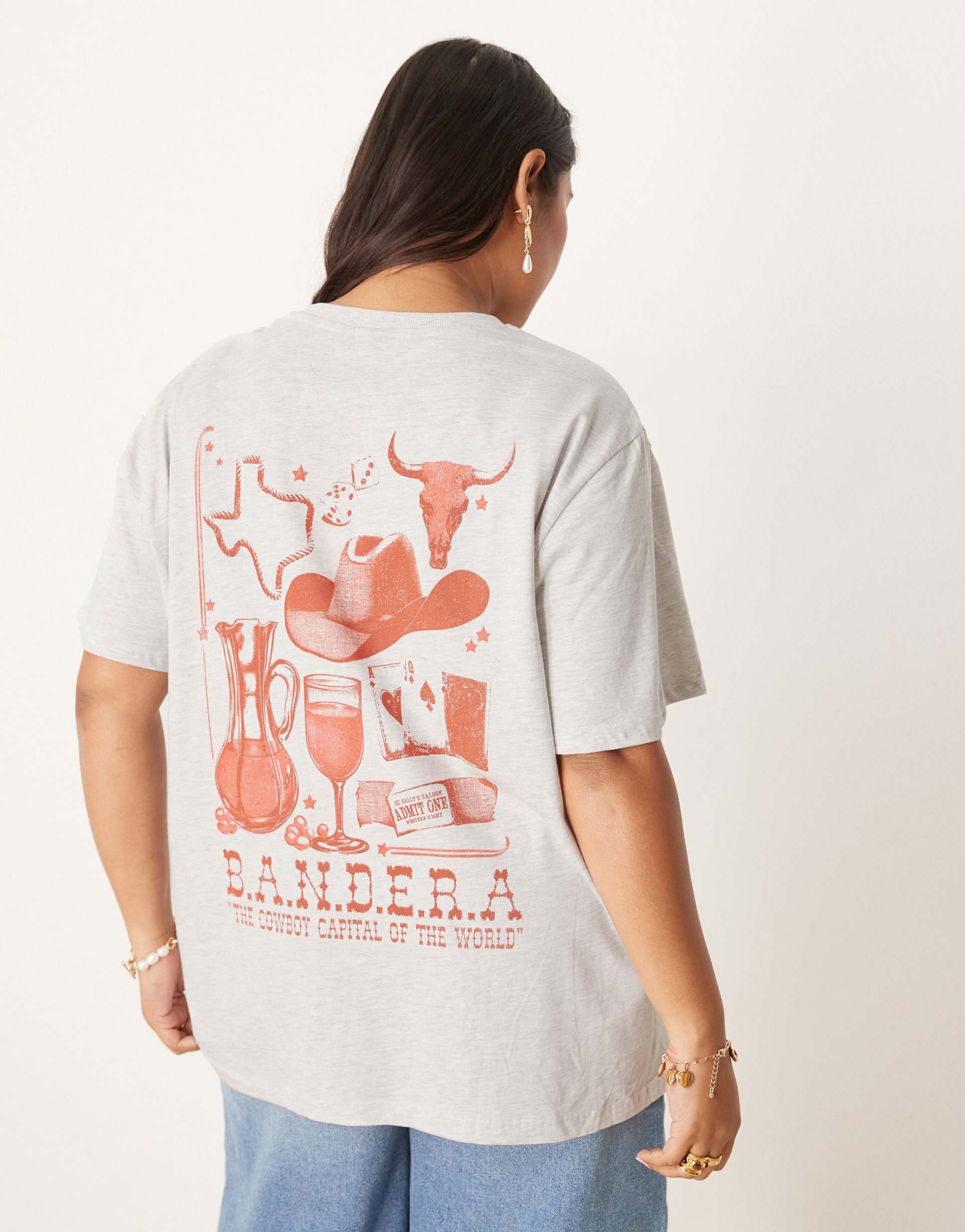 asos design curve regular fit t-shirt with rodeo cowboy graphic in ice heather