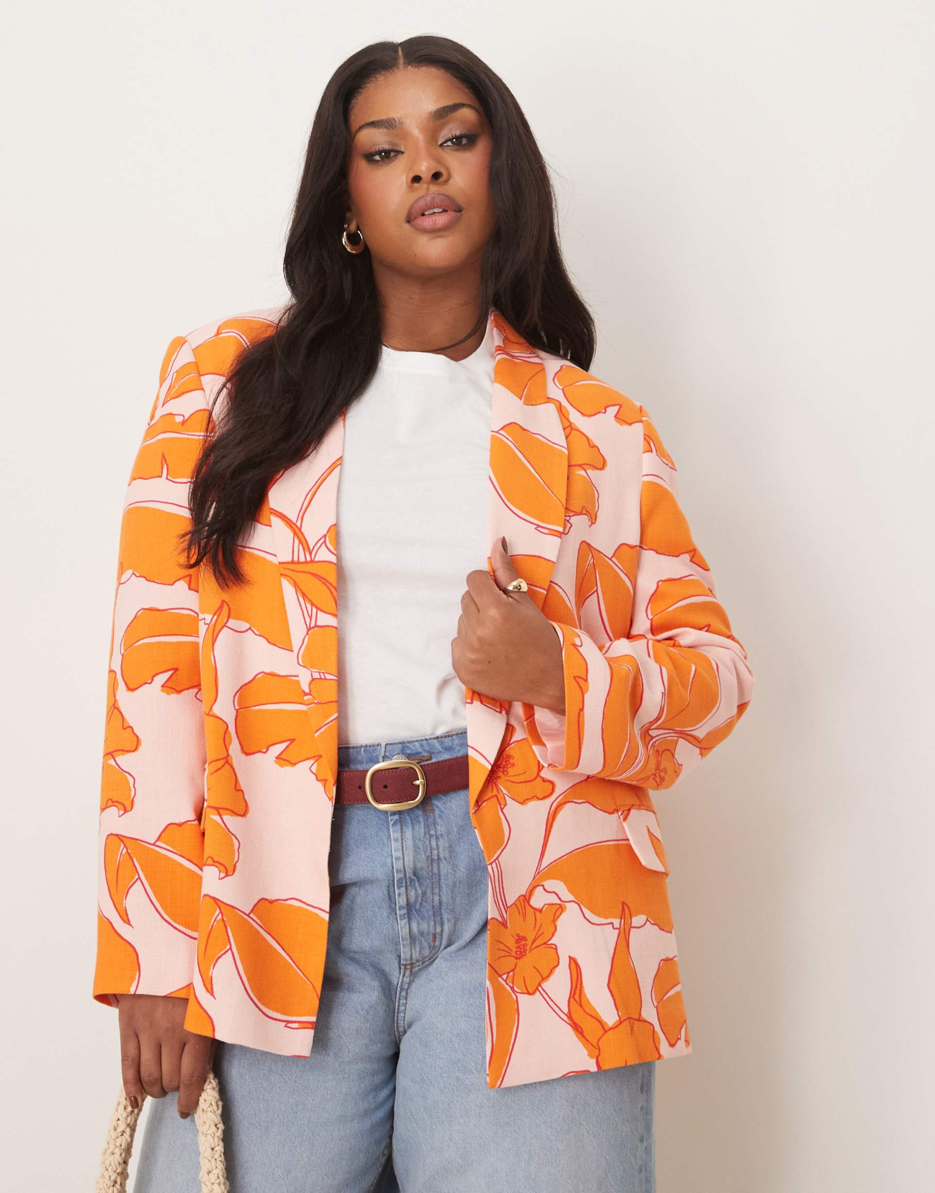 asos design curve relaxed blazer with linen in palm print