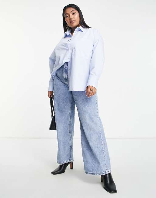 ASOS DESIGN Curve relaxed dad shirt with dipped hem in chambray blue, 4 of 4