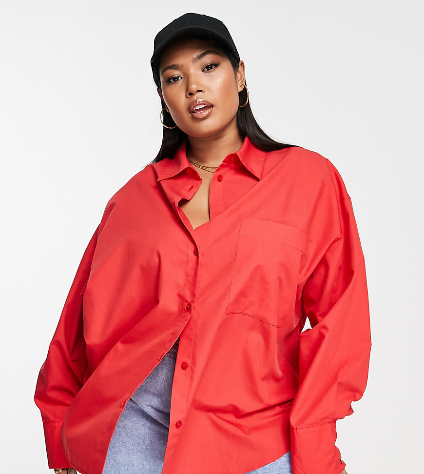 ASOS DESIGN Curve relaxed dad shirt with dipped hem in red