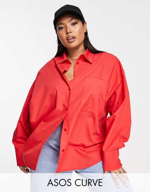 ASOS DESIGN Curve relaxed dad shirt with dipped hem in red