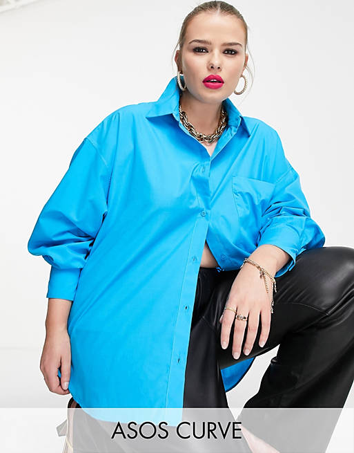 Women Shirts & Blouses/Curve relaxed dad shirt with dipped hem in turquoise 