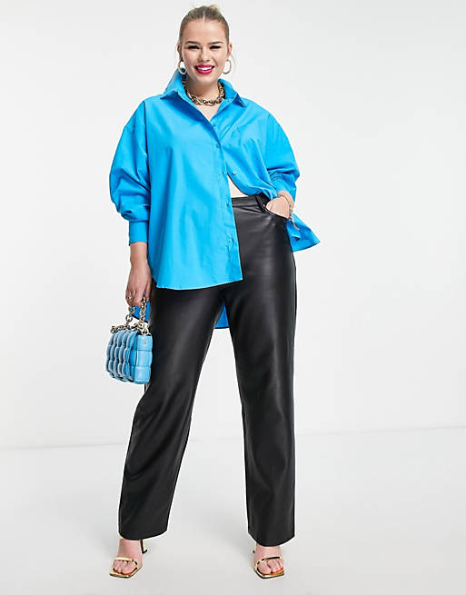 Women Shirts & Blouses/Curve relaxed dad shirt with dipped hem in turquoise 