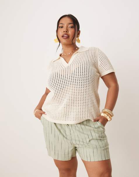 ASOS DESIGN Curve relaxed dad shorts with linen in sage squiggle stripe - view 1