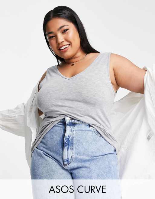 ASOS DESIGN Curve relaxed fine knit singlet with v front and back in grey marle 