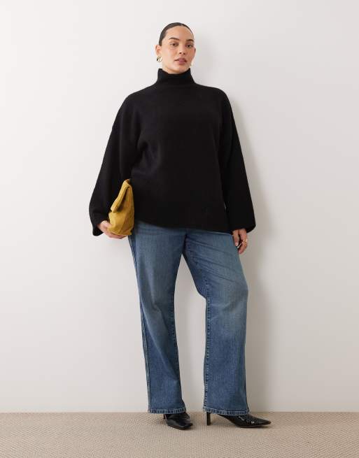 ASOS DESIGN Curve relaxed fluffy funnel neck jumper with wool in black, 2 of 4