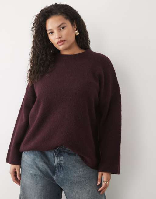 ASOS DESIGN Curve relaxed fluffy sweater with wool in burgundy, 2 of 4