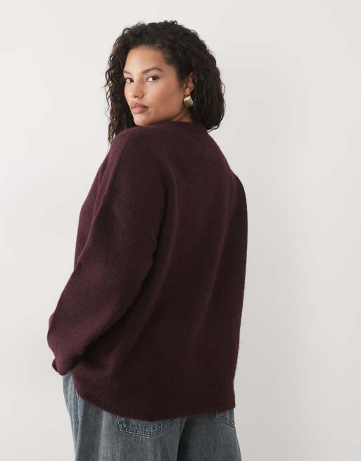 ASOS DESIGN Curve relaxed fluffy sweater with wool in burgundy, 3 of 4