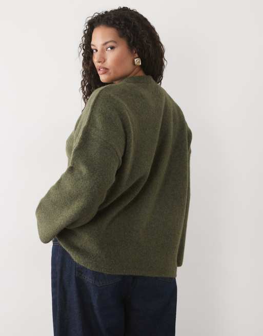 ASOS DESIGN Curve relaxed fluffy sweater with wool in khaki, 2 of 4