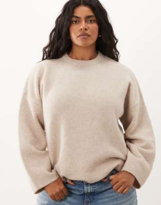 Asos Curve Asos Design Curve Relaxed Fluffy Sweater With Wool In Neutral