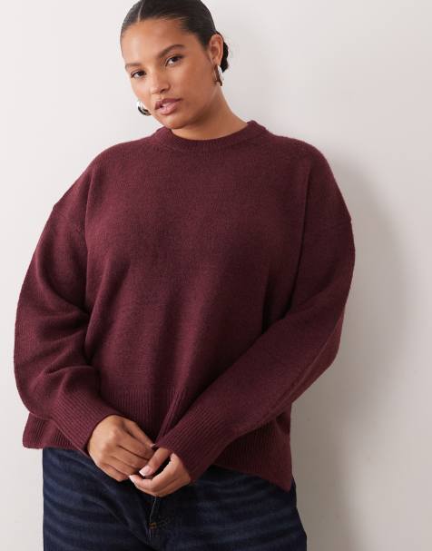 ASOS DESIGN Curve relaxed jumper with side split detail in burgundy - view 1
