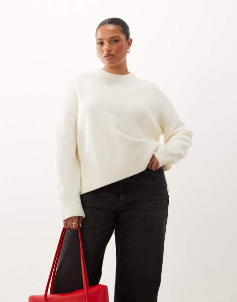 ASOS DESIGN Curve relaxed jumper with side split detail in cream - view 1