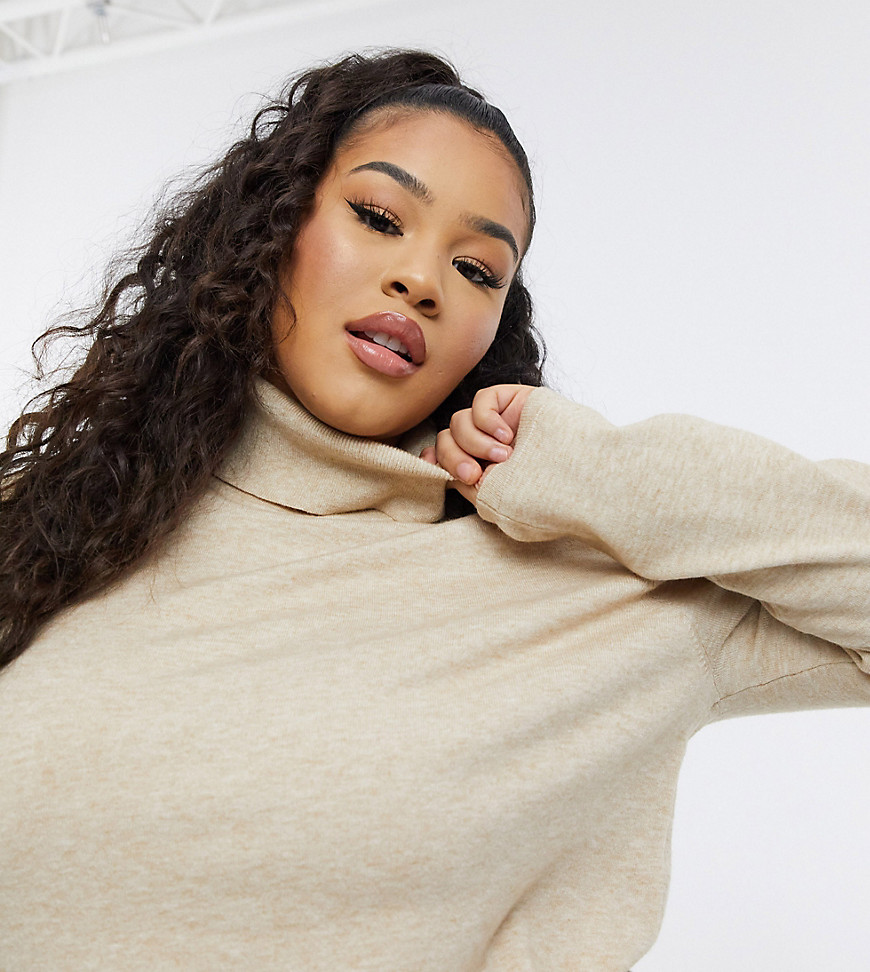 ASOS DESIGN Curve relaxed knit roll neck sweater in oatmeal-Neutral