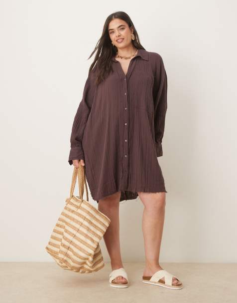 ASOS DESIGN Curve relaxed laundered mini shirt dress in washed chocolate - view 1