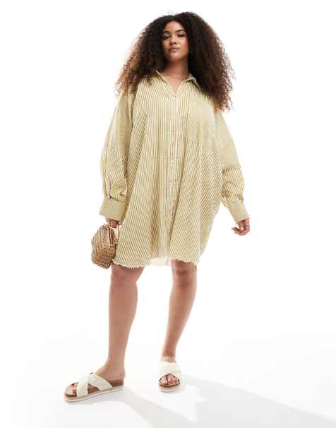 ASOS DESIGN Curve relaxed laundered shirt mini dress in washed lime spliced stripe - view 1