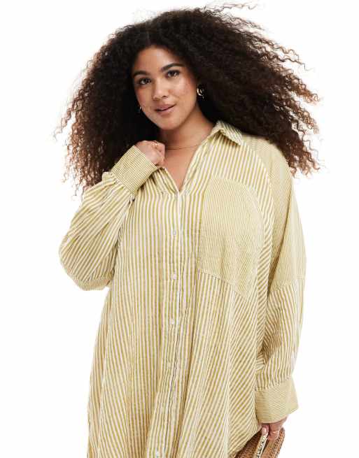 ASOS DESIGN Curve relaxed laundered shirt mini dress in washed lime spliced stripe
