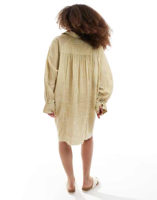 ASOS DESIGN Curve relaxed laundered shirt mini dress in washed lime spliced stripe