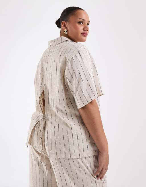 ASOS DESIGN Curve relaxed linen blend shirt in natural stripe, 3 of 4