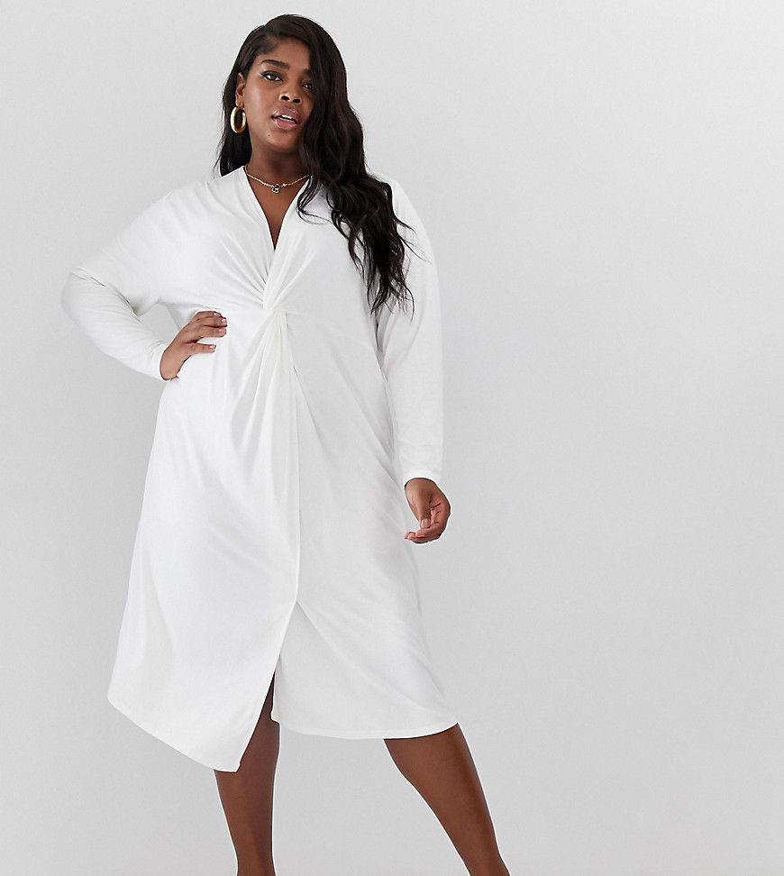 ASOS DESIGN Curve relaxed long sleeve midi dress with knot front-White