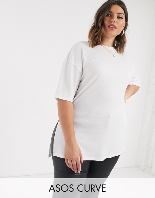 ASOS DESIGN Curve relaxed longline t-shirt in rib with side splits in white
