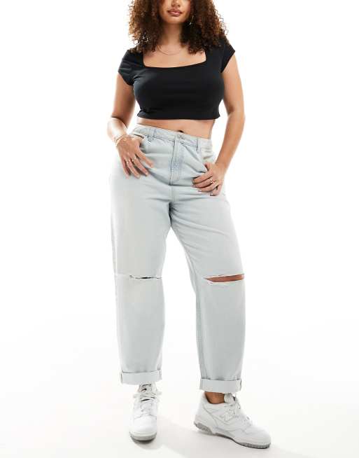 ASOS DESIGN Curve high rise original mom jeans in light wash with rips