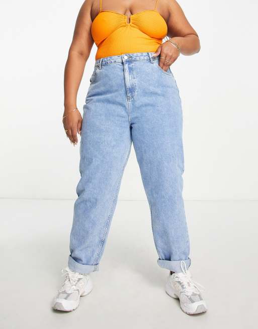 ASOS DESIGN Curve high rise original mom jeans in light wash with rips