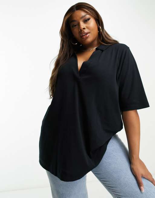 ASOS DESIGN Curve relaxed polo shirt with deep v in black