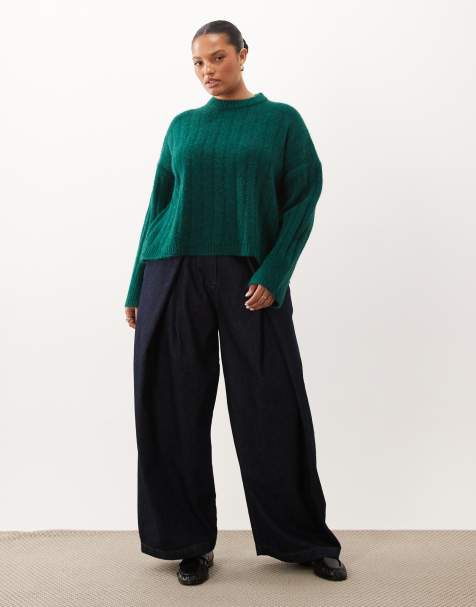 ASOS DESIGN Curve relaxed rib crew neck knitted jumper in forest green - view 1