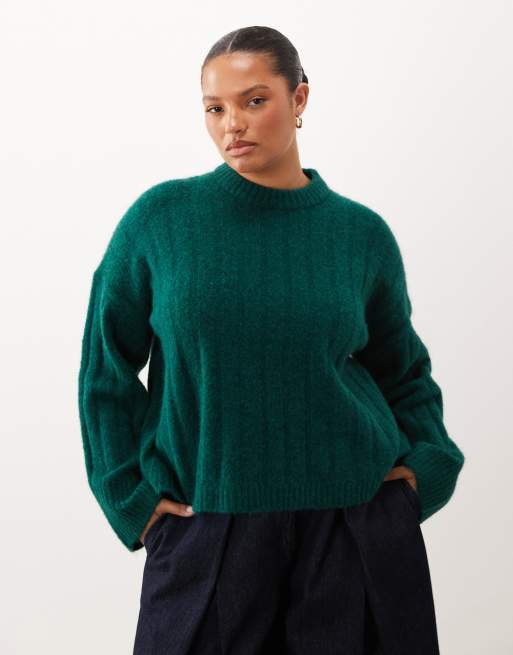 ASOS DESIGN Curve relaxed rib crew neck knitted jumper in forest green, 2 of 4