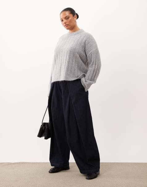 ASOS DESIGN Curve relaxed rib crew neck knitted jumper in mid grey - view 1