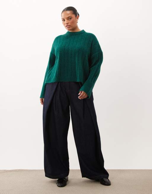 ASOS DESIGN Curve relaxed ribbed crew neck knit sweater in forest green, 2 of 4