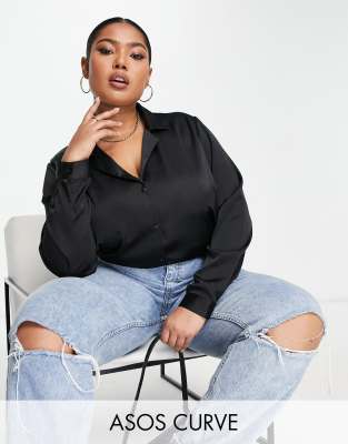 ASOS DESIGN Tall relaxed satin long sleeve shirt bodysuit in black