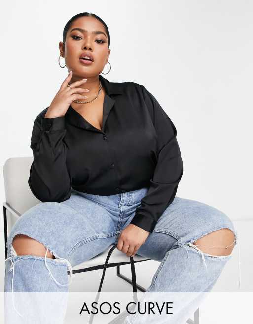 ASOS DESIGN Curve relaxed satin long sleeve shirt bodysuit in black