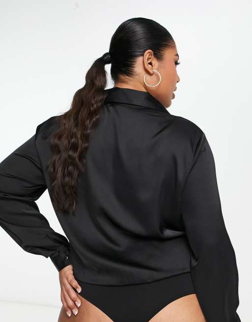 ASOS DESIGN Curve relaxed satin long sleeve shirt bodysuit in black, 2 of 4