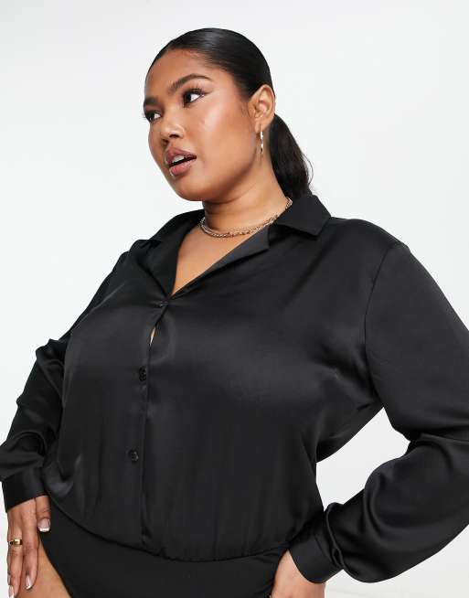 ASOS DESIGN Curve relaxed satin long sleeve shirt bodysuit in black, 3 of 4