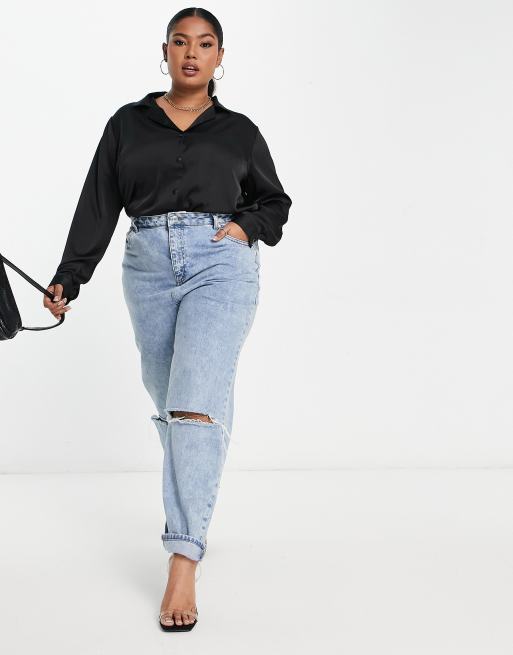 ASOS DESIGN Curve relaxed satin long sleeve shirt bodysuit in black, 4 of 4