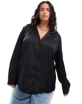 Asos Curve Asos Design Curve Relaxed Satin Long Sleeve Shirt In Black