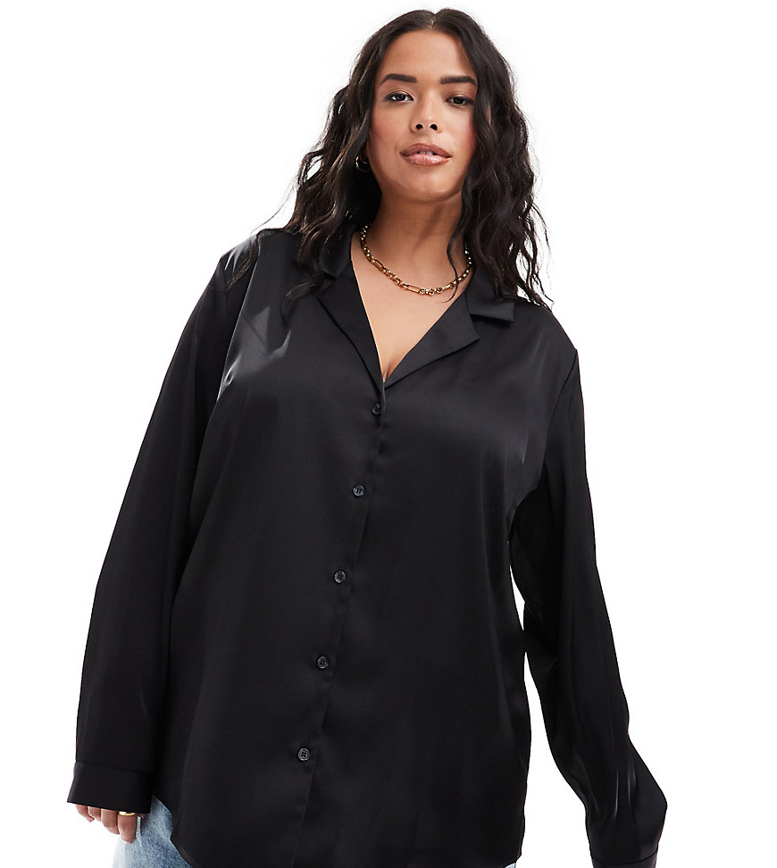 Asos Curve Asos Design Curve Relaxed Satin Long Sleeve Shirt In Black