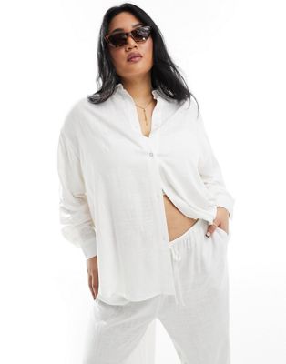 Asos Design Curve Relaxed Shirt With Linen In White
