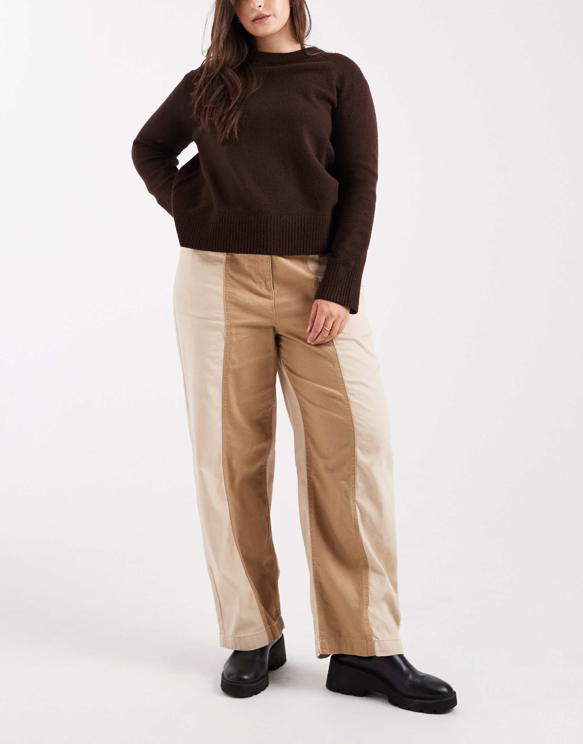 asos design curve relaxed straight leg laundered color block pull on pants in brown