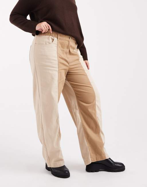 ASOS DESIGN Curve relaxed straight leg laundered color block pull on pants in brown, 2 of 5