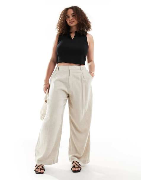 ASOS DESIGN Curve relaxed straight leg linen blend pants in natural - view 1